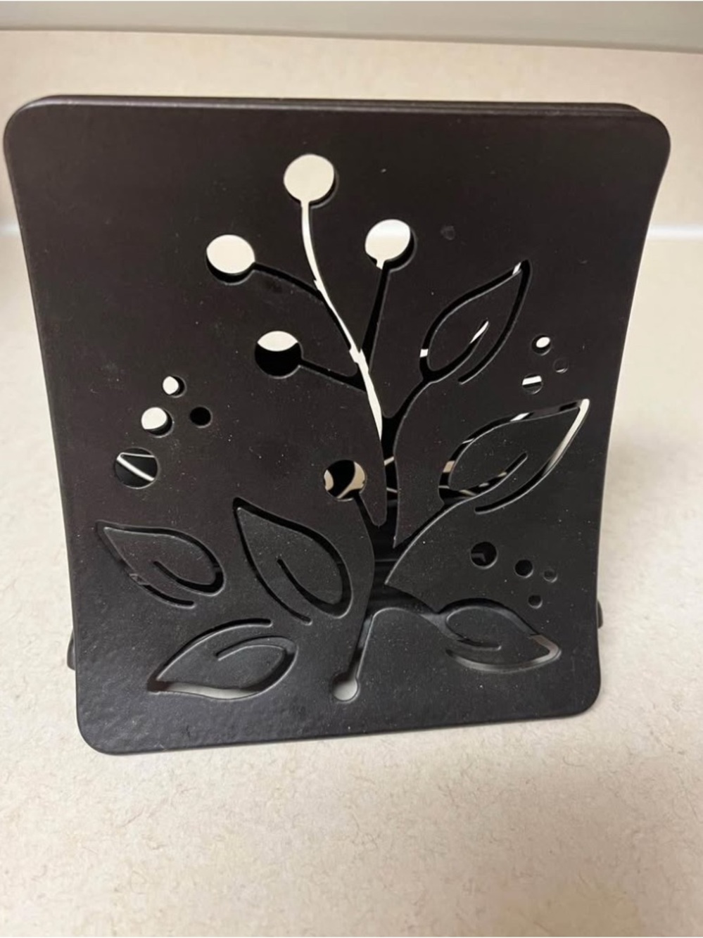 Brown Metal Napkin Holder with Leaf Cutout